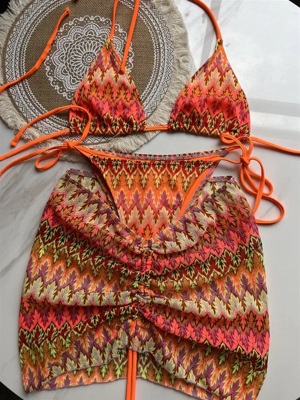 Women Swimsuit Colored Maple Leaves Knitted Bikini Skirt Three-Piece Set Split Swimsuit Bikini - Vogue Vista UK