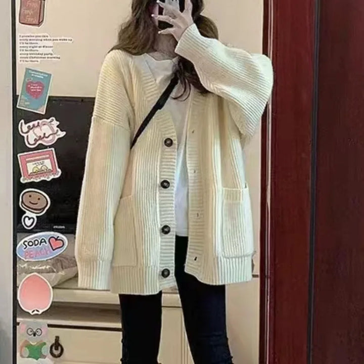 Autumn Winter Women Cardigan Sweater Coats Fashion Female Long Sleeve V-neck Loose Knitted Jackets Casual Sweater Cardigans - Vogue Vista UK