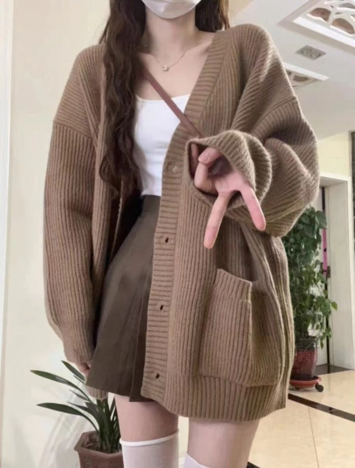 Autumn Winter Women Cardigan Sweater Coats Fashion Female Long Sleeve V-neck Loose Knitted Jackets Casual Sweater Cardigans - Vogue Vista UK