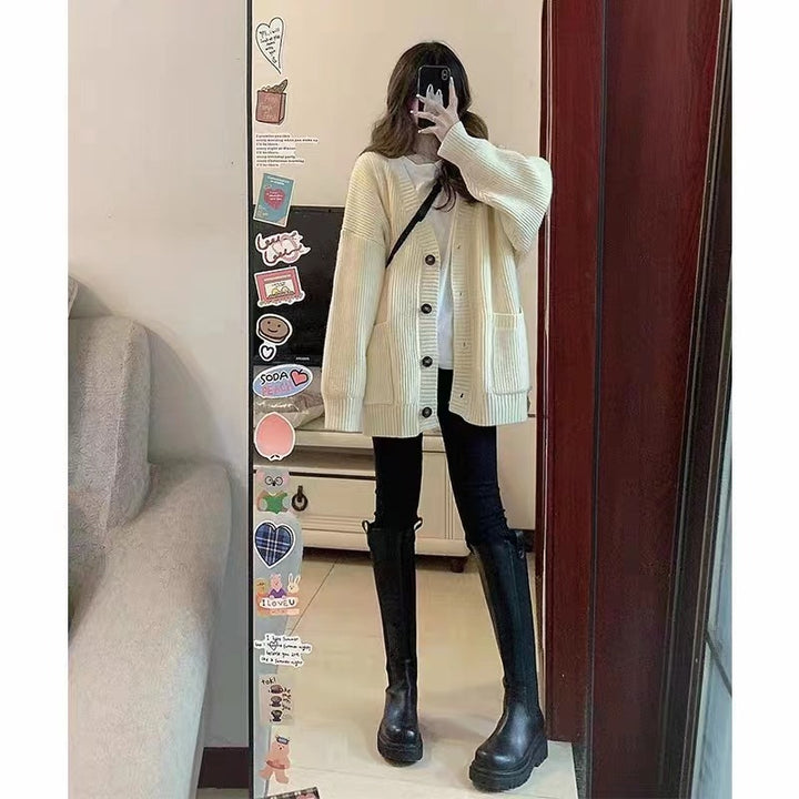 Autumn Winter Women Cardigan Sweater Coats Fashion Female Long Sleeve V-neck Loose Knitted Jackets Casual Sweater Cardigans - Vogue Vista UK