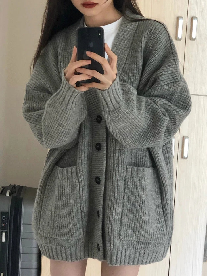 Autumn Winter Women Cardigan Sweater Coats Fashion Female Long Sleeve V-neck Loose Knitted Jackets Casual Sweater Cardigans - Vogue Vista UK