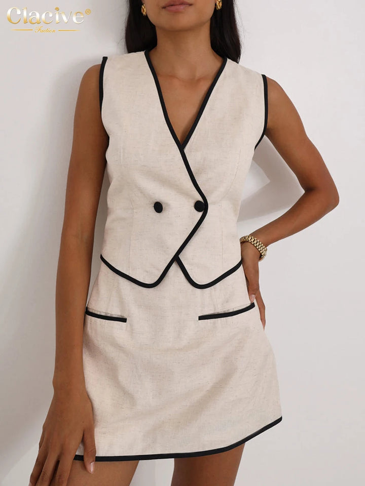 Clacive Summer Slim Khaki Cotton 2 Piece Set Woman Outfit 2025 Fashion Sleeveless Crop Top With High Waist Shorts Set Streetwear - Vogue Vista UK