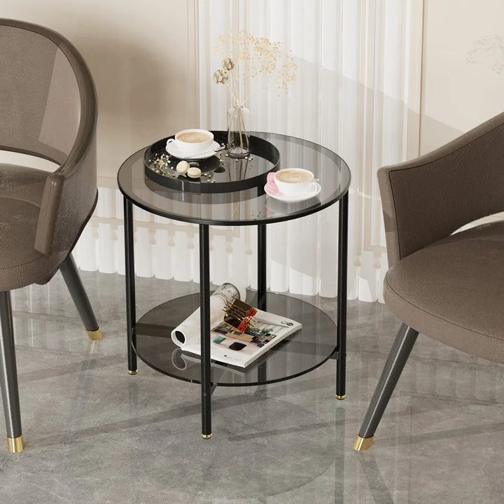 LUVODI Round Tempered Glass Coffee Table Living Room Sofa End Table with 2-tier Storage for Home, Office - Vogue Vista UK