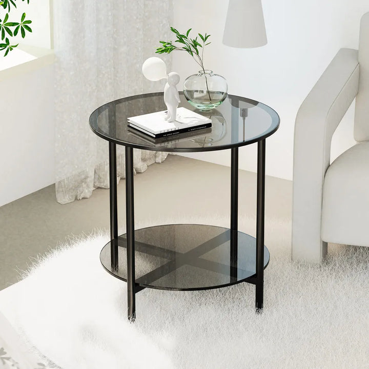 LUVODI Round Tempered Glass Coffee Table Living Room Sofa End Table with 2-tier Storage for Home, Office - Vogue Vista UK