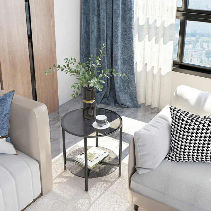LUVODI Round Tempered Glass Coffee Table Living Room Sofa End Table with 2-tier Storage for Home, Office - Vogue Vista UK