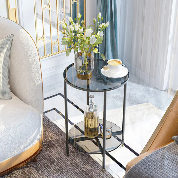 LUVODI Round Tempered Glass Coffee Table Living Room Sofa End Table with 2-tier Storage for Home, Office - Vogue Vista UK