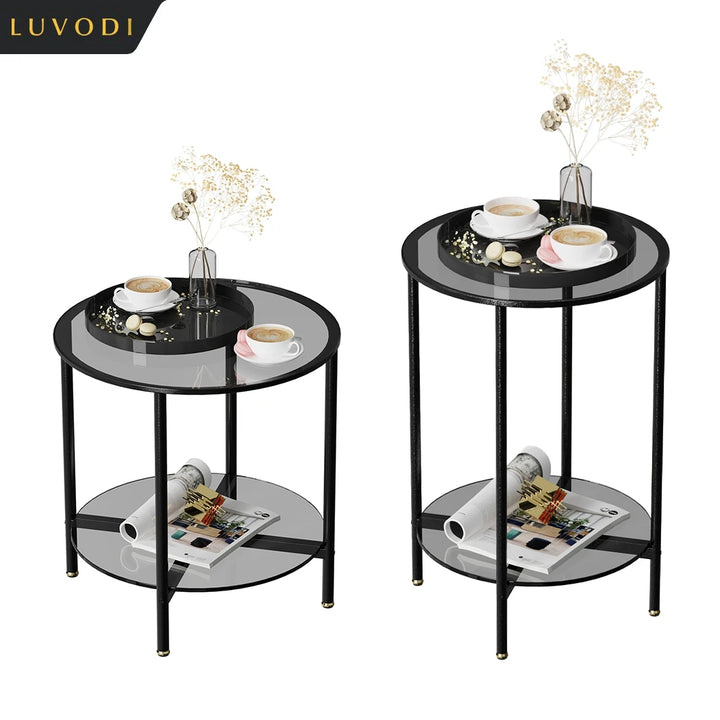 LUVODI Round Tempered Glass Coffee Table Living Room Sofa End Table with 2-tier Storage for Home, Office - Vogue Vista UK