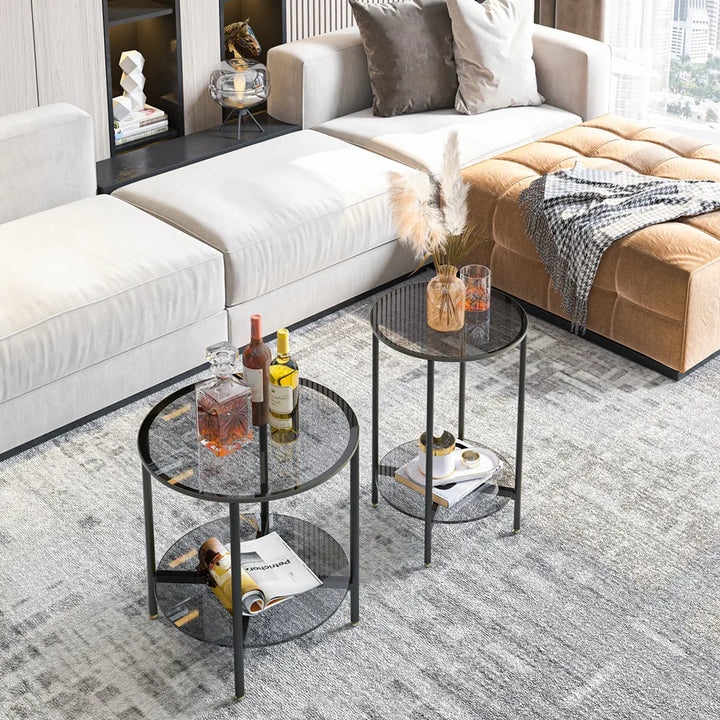LUVODI Round Tempered Glass Coffee Table Living Room Sofa End Table with 2-tier Storage for Home, Office - Vogue Vista UK