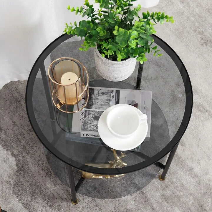 LUVODI Round Tempered Glass Coffee Table Living Room Sofa End Table with 2-tier Storage for Home, Office - Vogue Vista UK