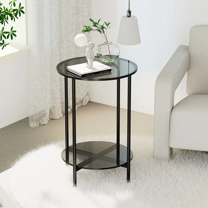 LUVODI Round Tempered Glass Coffee Table Living Room Sofa End Table with 2-tier Storage for Home, Office - Vogue Vista UK
