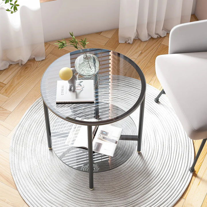 LUVODI Round Tempered Glass Coffee Table Living Room Sofa End Table with 2-tier Storage for Home, Office - Vogue Vista UK