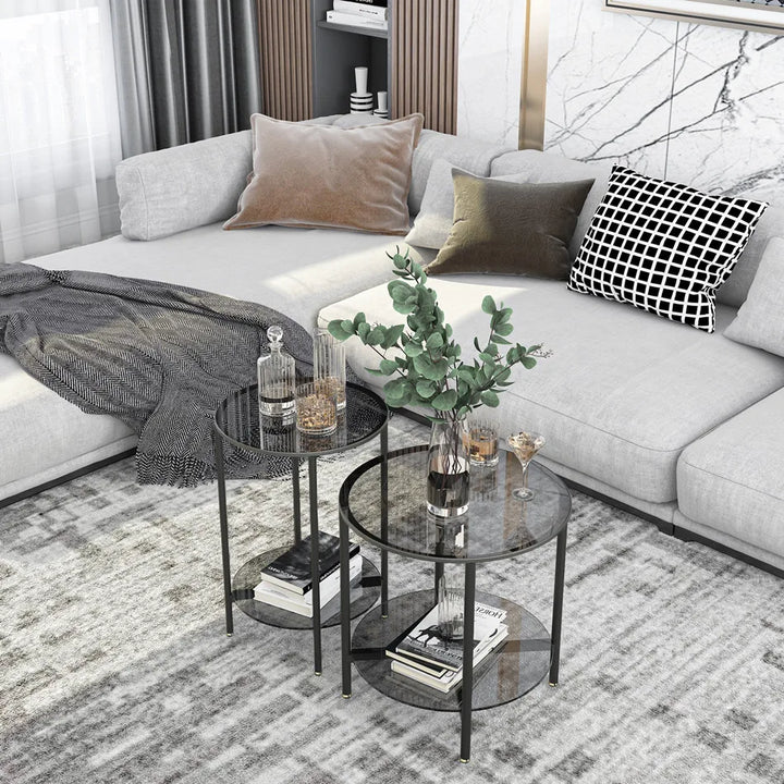 LUVODI Round Tempered Glass Coffee Table Living Room Sofa End Table with 2-tier Storage for Home, Office - Vogue Vista UK