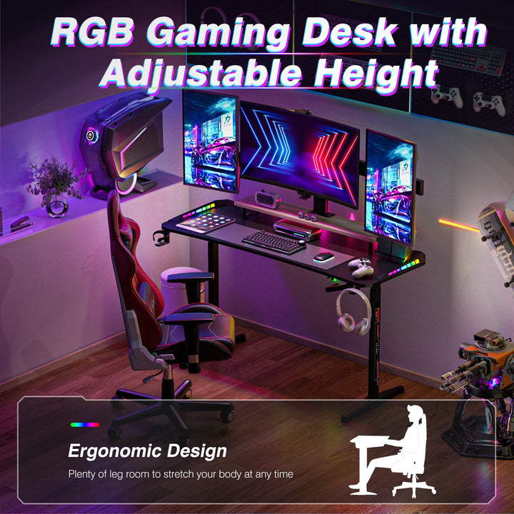 Height Adjustable Gaming Desk Standing Desk, Large Gaming Computer Desk with RGB LED Lights for Gaming and Home Office,Black - Vogue Vista UK