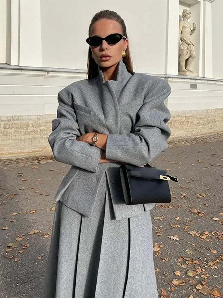 Women Grey Loose Pleated Long Woolen Skirts Suits Elegant Lapel Full Sleeve Coats Sets Autumn Winter Lady High Street Outfits - Vogue Vista UK