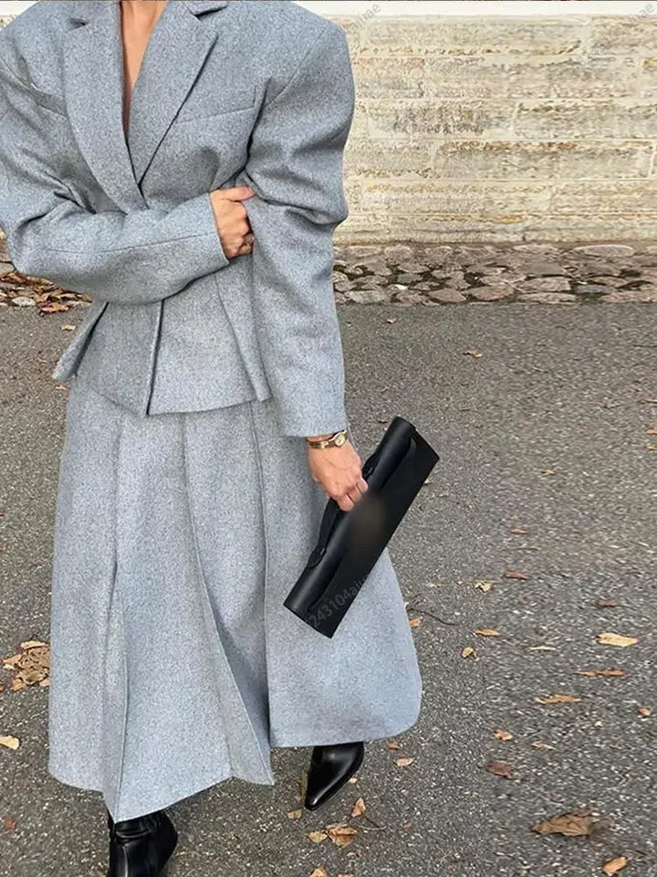 Women Grey Loose Pleated Long Woolen Skirts Suits Elegant Lapel Full Sleeve Coats Sets Autumn Winter Lady High Street Outfits - Vogue Vista UK