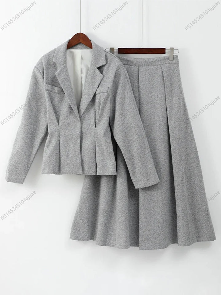 Women Grey Loose Pleated Long Woolen Skirts Suits Elegant Lapel Full Sleeve Coats Sets Autumn Winter Lady High Street Outfits - Vogue Vista UK