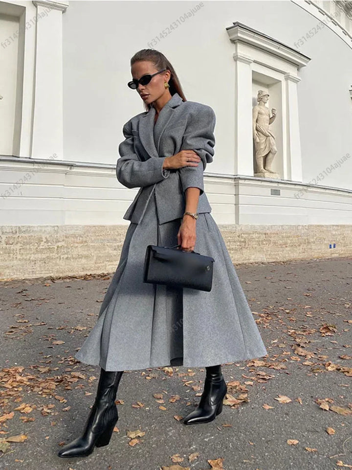 Women Grey Loose Pleated Long Woolen Skirts Suits Elegant Lapel Full Sleeve Coats Sets Autumn Winter Lady High Street Outfits - Vogue Vista UK