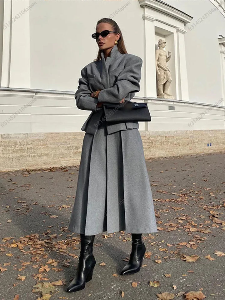 Women Grey Loose Pleated Long Woolen Skirts Suits Elegant Lapel Full Sleeve Coats Sets Autumn Winter Lady High Street Outfits - Vogue Vista UK