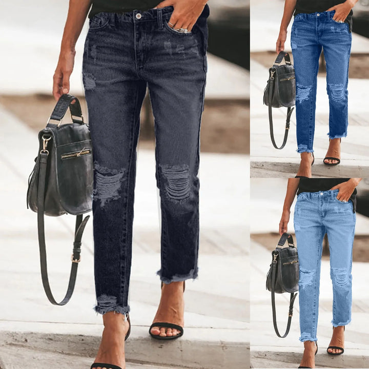 Women Vintage Streetwear Washed Denim Pants Slim distressed leggings jeans Hole Design Leggings Leg Work Pants Denim Trousers - Vogue Vista UK