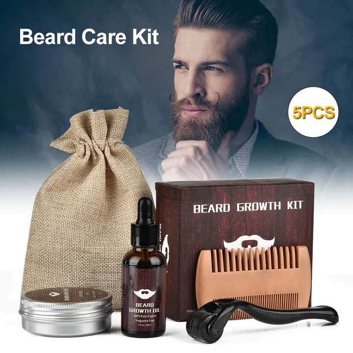 4pcs/set Beard Growth Kit For Men Hair Enhancer Thicker Mustache Grooming Beard Care Oil Moisturizer Wax Balm With Roller Comb - Vogue Vista UK