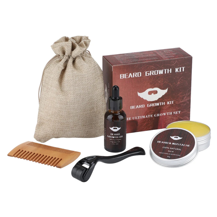 4pcs/set Beard Growth Kit For Men Hair Enhancer Thicker Mustache Grooming Beard Care Oil Moisturizer Wax Balm With Roller Comb - Vogue Vista UK