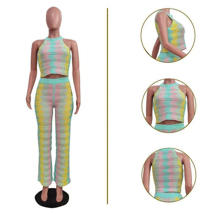 Knitted Striped 2 Piece Sets Women Outfit Summer Beach Vacation Sleeveless Crop Top and Flare Pants Matching Sets Club Party - Vogue Vista UK