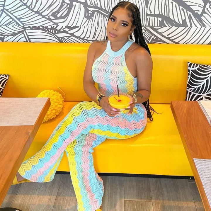 Knitted Striped 2 Piece Sets Women Outfit Summer Beach Vacation Sleeveless Crop Top and Flare Pants Matching Sets Club Party - Vogue Vista UK