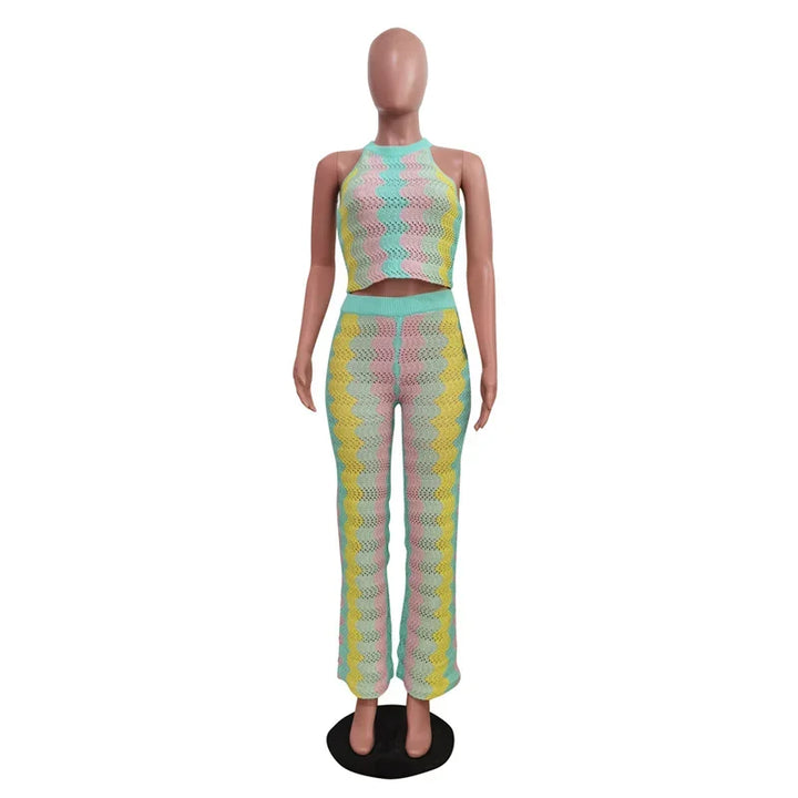 Knitted Striped 2 Piece Sets Women Outfit Summer Beach Vacation Sleeveless Crop Top and Flare Pants Matching Sets Club Party - Vogue Vista UK