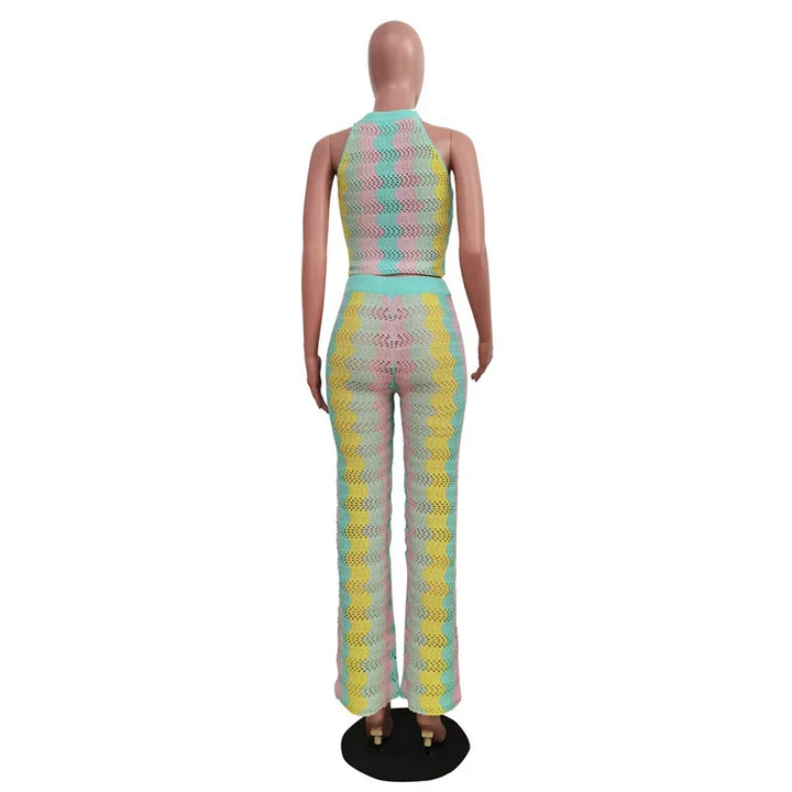 Knitted Striped 2 Piece Sets Women Outfit Summer Beach Vacation Sleeveless Crop Top and Flare Pants Matching Sets Club Party - Vogue Vista UK