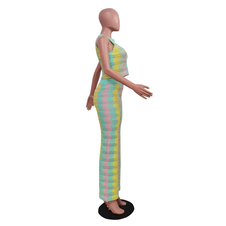 Knitted Striped 2 Piece Sets Women Outfit Summer Beach Vacation Sleeveless Crop Top and Flare Pants Matching Sets Club Party - Vogue Vista UK