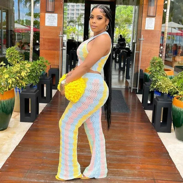 Knitted Striped 2 Piece Sets Women Outfit Summer Beach Vacation Sleeveless Crop Top and Flare Pants Matching Sets Club Party - Vogue Vista UK