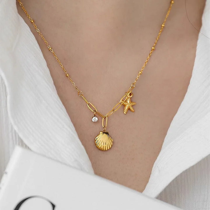EILIECK 316L Stainless Steel Starfish Shell Zircon Pendant Necklace For Women Fashion New Gift Gold Color Neck Chain Jewelry - Vogue Vista UK