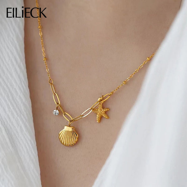 EILIECK 316L Stainless Steel Starfish Shell Zircon Pendant Necklace For Women Fashion New Gift Gold Color Neck Chain Jewelry - Vogue Vista UK
