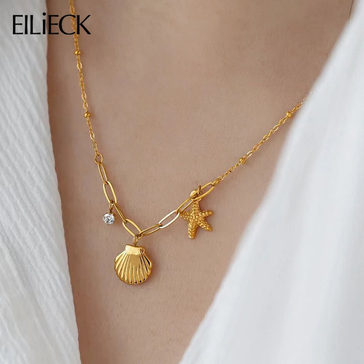 EILIECK 316L Stainless Steel Starfish Shell Zircon Pendant Necklace For Women Fashion New Gift Gold Color Neck Chain Jewelry - Vogue Vista UK