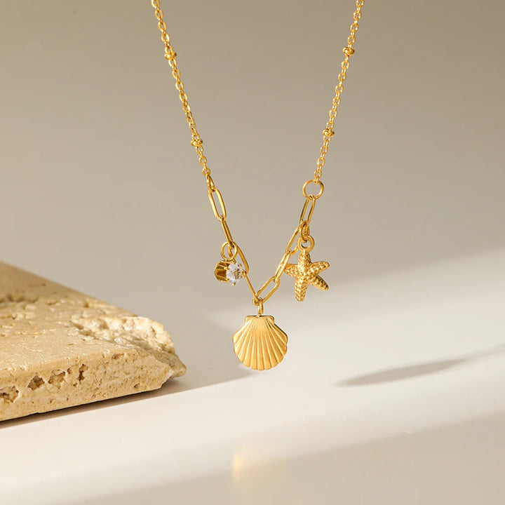 EILIECK 316L Stainless Steel Starfish Shell Zircon Pendant Necklace For Women Fashion New Gift Gold Color Neck Chain Jewelry - Vogue Vista UK
