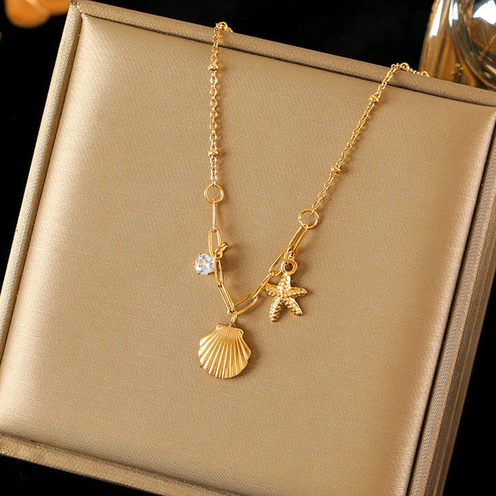 EILIECK 316L Stainless Steel Starfish Shell Zircon Pendant Necklace For Women Fashion New Gift Gold Color Neck Chain Jewelry - Vogue Vista UK