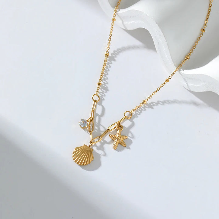 EILIECK 316L Stainless Steel Starfish Shell Zircon Pendant Necklace For Women Fashion New Gift Gold Color Neck Chain Jewelry - Vogue Vista UK