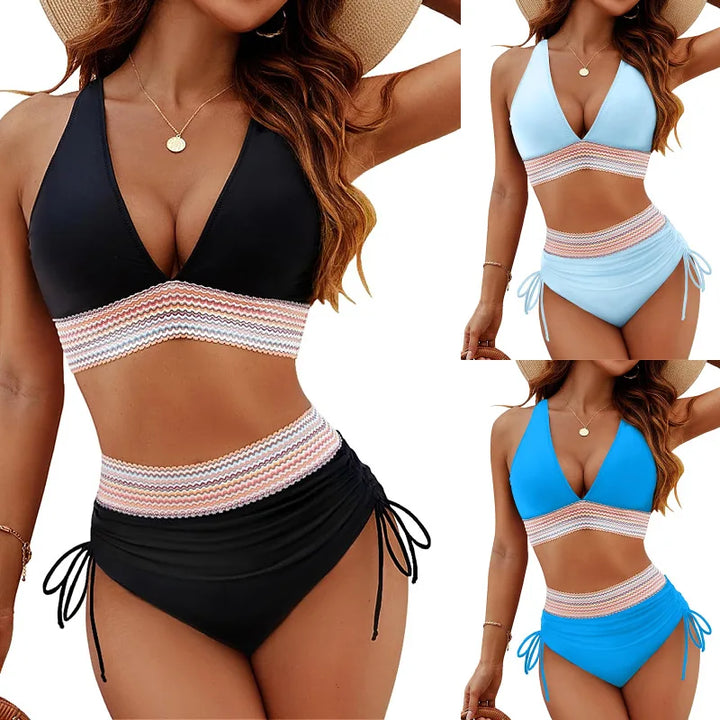 2025 Women's Shoulder High Waist Split Bikini Swimsuit Set with Chest Cushion and Adjustable Shoulder Straps - Vogue Vista UK
