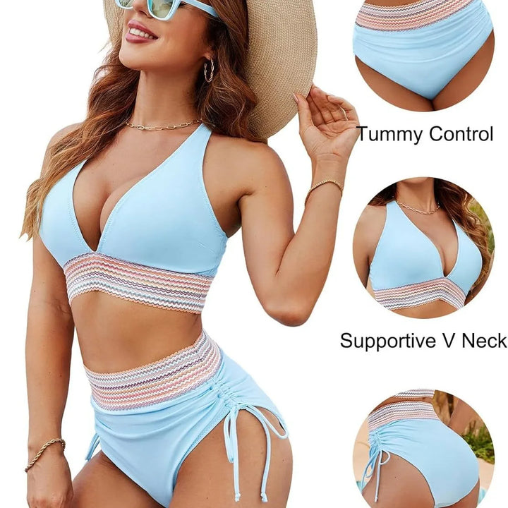 2025 Women's Shoulder High Waist Split Bikini Swimsuit Set with Chest Cushion and Adjustable Shoulder Straps - Vogue Vista UK