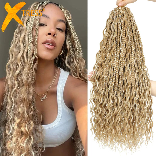 Synthetic Goddess Box Braid Crochet Hair 24" Honey Blonde Boho Bohemian Pre-looped Platinum Blonde Braiding Hair with Curly Ends - Vogue Vista UK