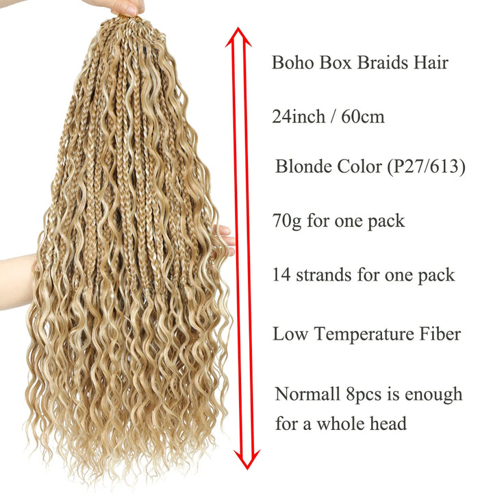 Synthetic Goddess Box Braid Crochet Hair 24" Honey Blonde Boho Bohemian Pre-looped Platinum Blonde Braiding Hair with Curly Ends - Vogue Vista UK