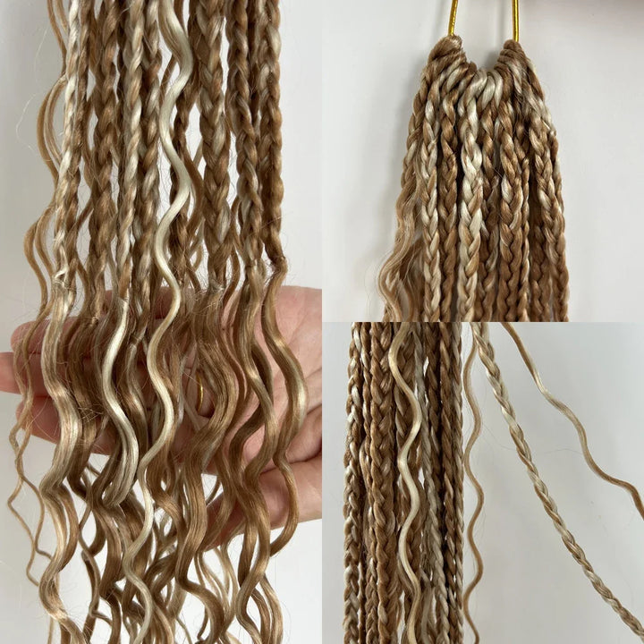 Synthetic Goddess Box Braid Crochet Hair 24" Honey Blonde Boho Bohemian Pre-looped Platinum Blonde Braiding Hair with Curly Ends - Vogue Vista UK