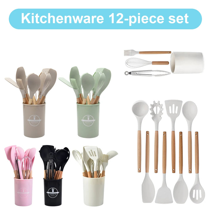 12Pcs Kitchen Utensil Set Silicone Spatula Set Wooden Handle Heat-Resistant Cookware Spatula Spoon Brush Whisk for Kitchen - Vogue Vista UK
