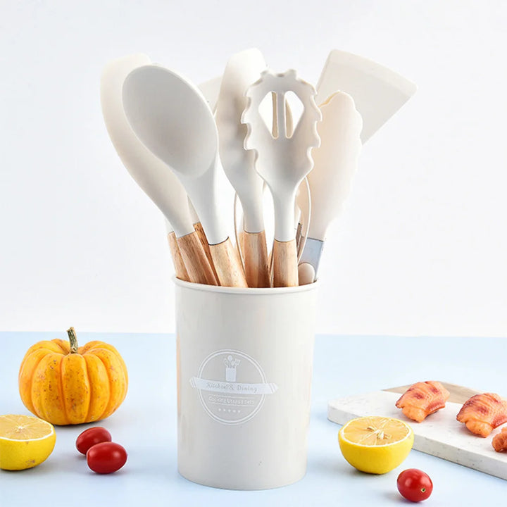 12Pcs Kitchen Utensil Set Silicone Spatula Set Wooden Handle Heat-Resistant Cookware Spatula Spoon Brush Whisk for Kitchen - Vogue Vista UK