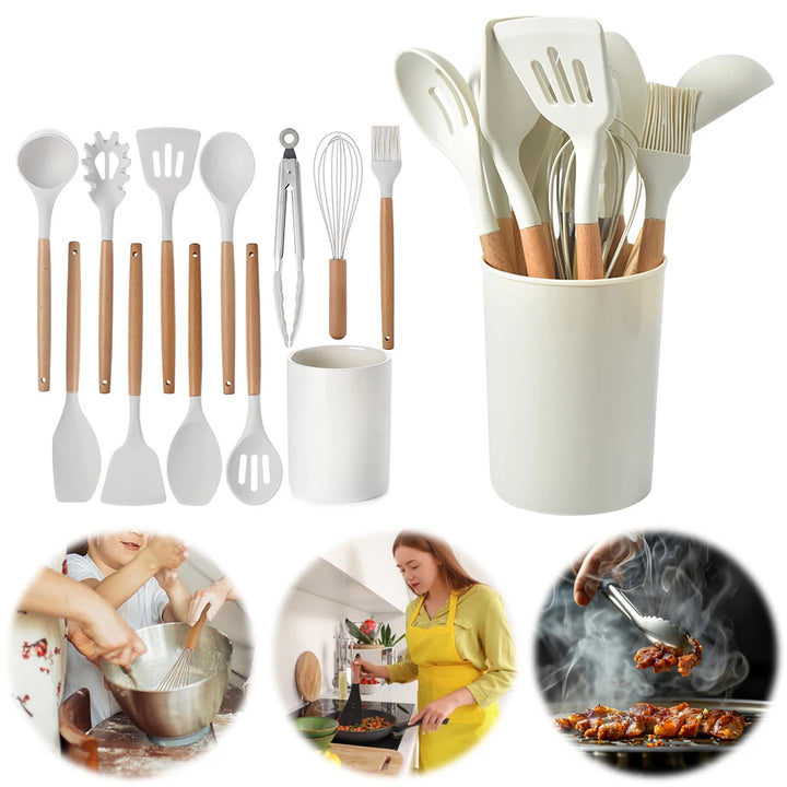 12Pcs Kitchen Utensil Set Silicone Spatula Set Wooden Handle Heat-Resistant Cookware Spatula Spoon Brush Whisk for Kitchen - Vogue Vista UK