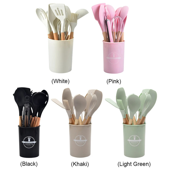 12Pcs Kitchen Utensil Set Silicone Spatula Set Wooden Handle Heat-Resistant Cookware Spatula Spoon Brush Whisk for Kitchen - Vogue Vista UK