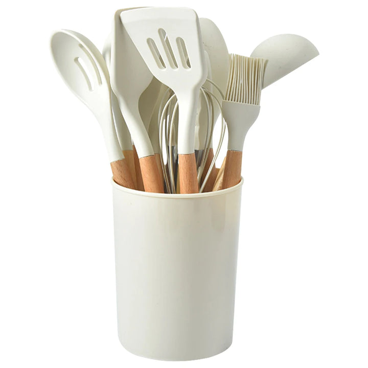 12Pcs Kitchen Utensil Set Silicone Spatula Set Wooden Handle Heat-Resistant Cookware Spatula Spoon Brush Whisk for Kitchen - Vogue Vista UK
