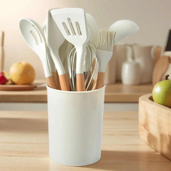 12Pcs Kitchen Utensil Set Silicone Spatula Set Wooden Handle Heat-Resistant Cookware Spatula Spoon Brush Whisk for Kitchen - Vogue Vista UK