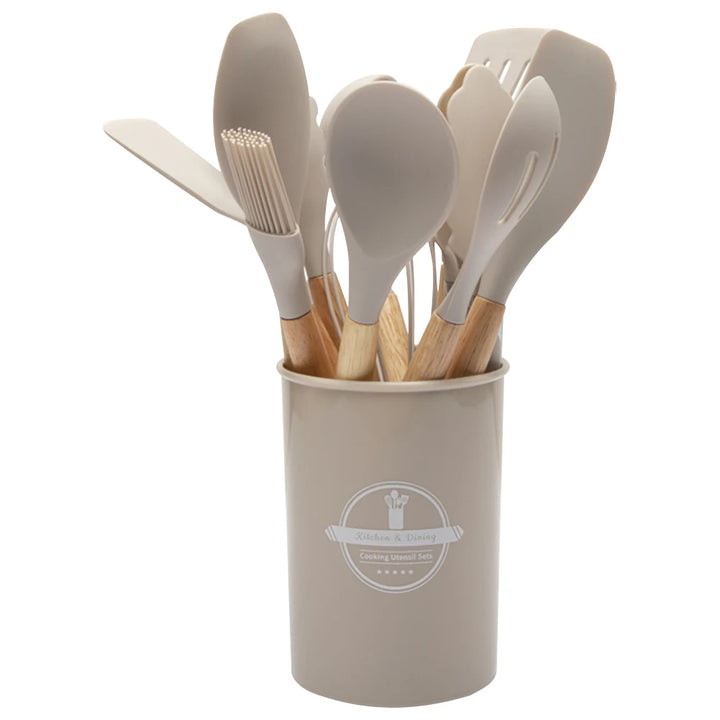 12Pcs Kitchen Utensil Set Silicone Spatula Set Wooden Handle Heat-Resistant Cookware Spatula Spoon Brush Whisk for Kitchen - Vogue Vista UK