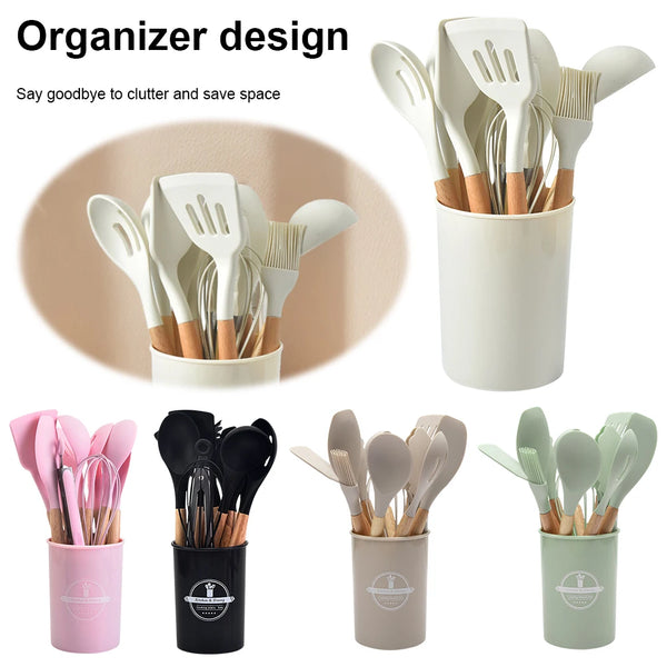 12Pcs Kitchen Utensil Set Silicone Spatula Set Wooden Handle Heat-Resistant Cookware Spatula Spoon Brush Whisk for Kitchen - Vogue Vista UK